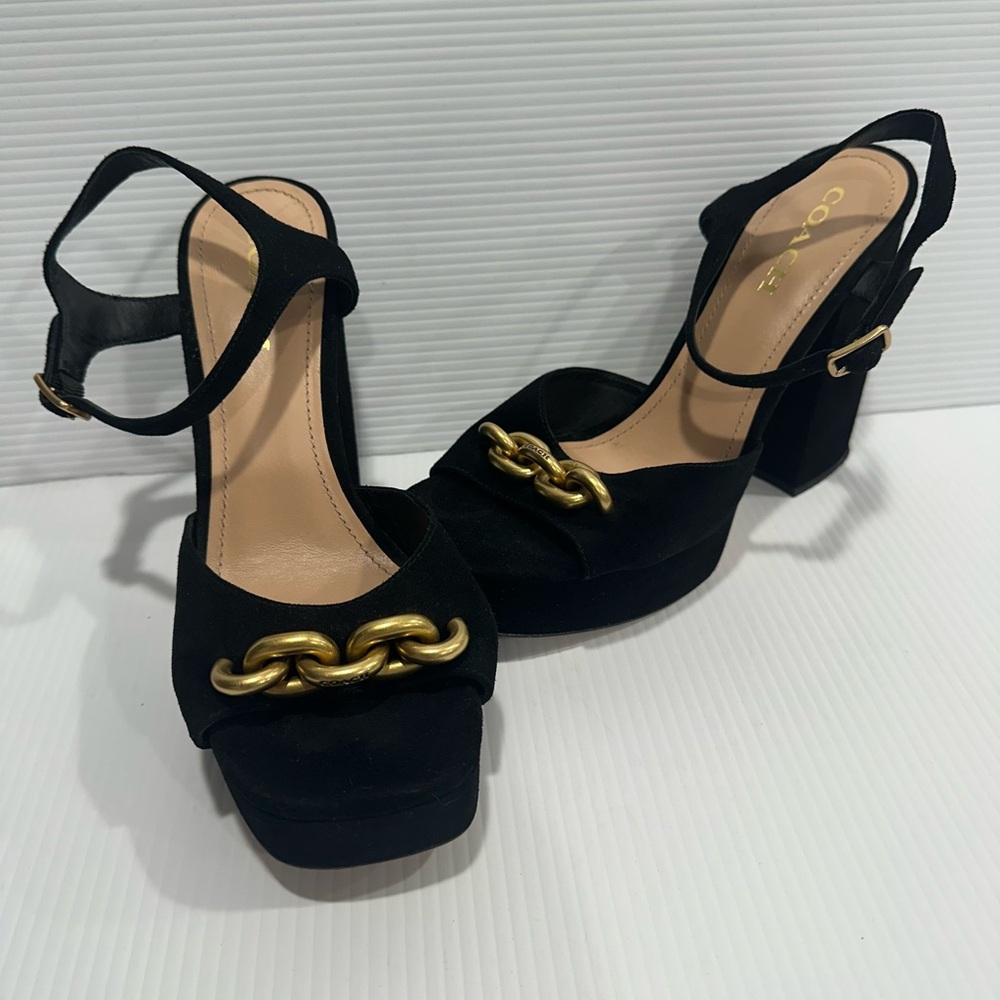 Coach Black Platform Heels with Gold Accent - Picture 9 of 10